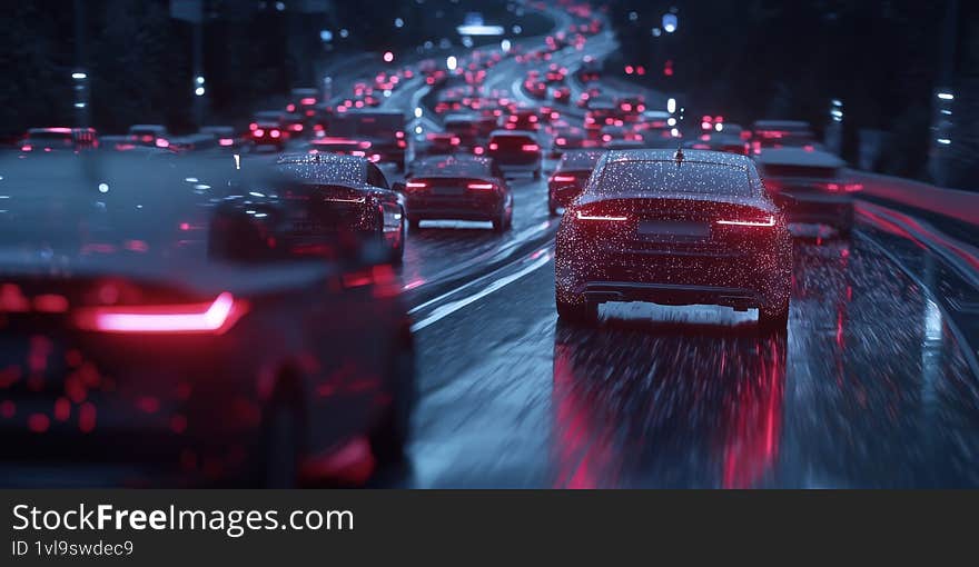 A rainy highway with numerous vehicles emphasizing IoT fleet management and autonomous driving Generative AI