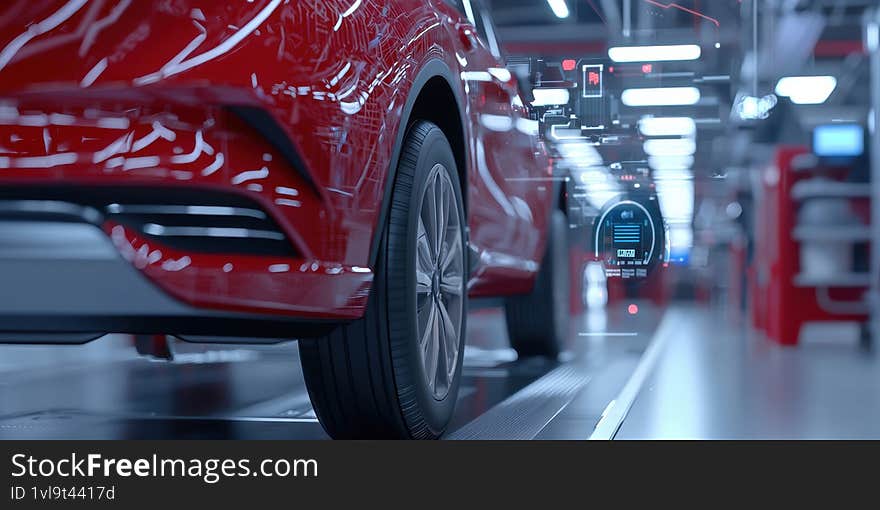 A sleek red car in a high-tech environment showcasing advanced vehicle safety and automation systems Generative AI