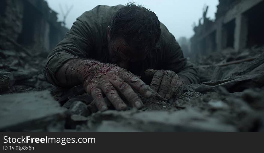 A man covered in dirt and injuries crawls through rubble in a war-torn environment, conveying a powerful sense of resilience and struggle amidst destruction