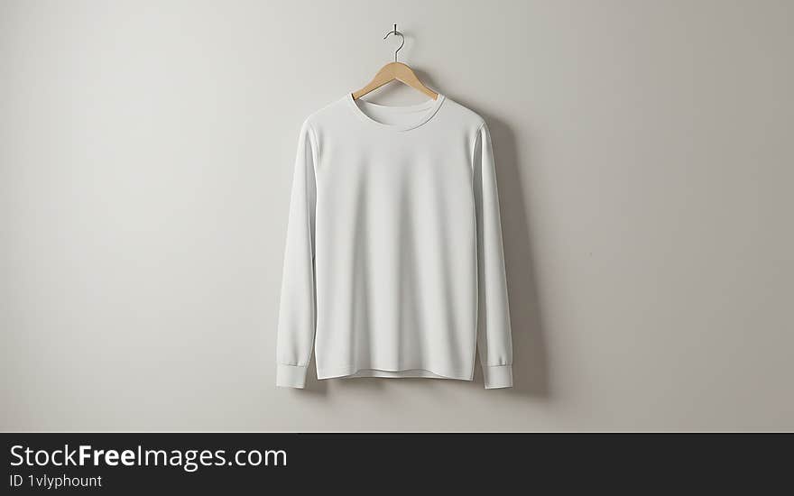 White long sleeve shirt displayed on a wooden hanger against a neutral wall creating a clean and simple aesthetic ideal for apparel presentations and design mockups. White long sleeve shirt displayed on a wooden hanger against a neutral wall creating a clean and simple aesthetic ideal for apparel presentations and design mockups