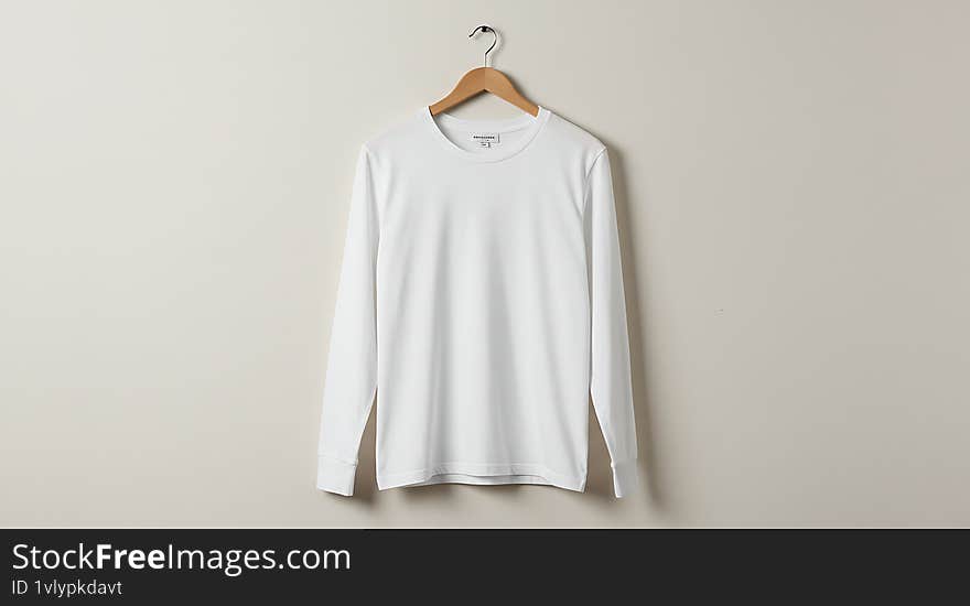 Plain white long sleeve shirt hangs on a simple wooden hanger against a neutral background Great for fashion or apparel mockups. Plain white long sleeve shirt hangs on a simple wooden hanger against a neutral background Great for fashion or apparel mockups
