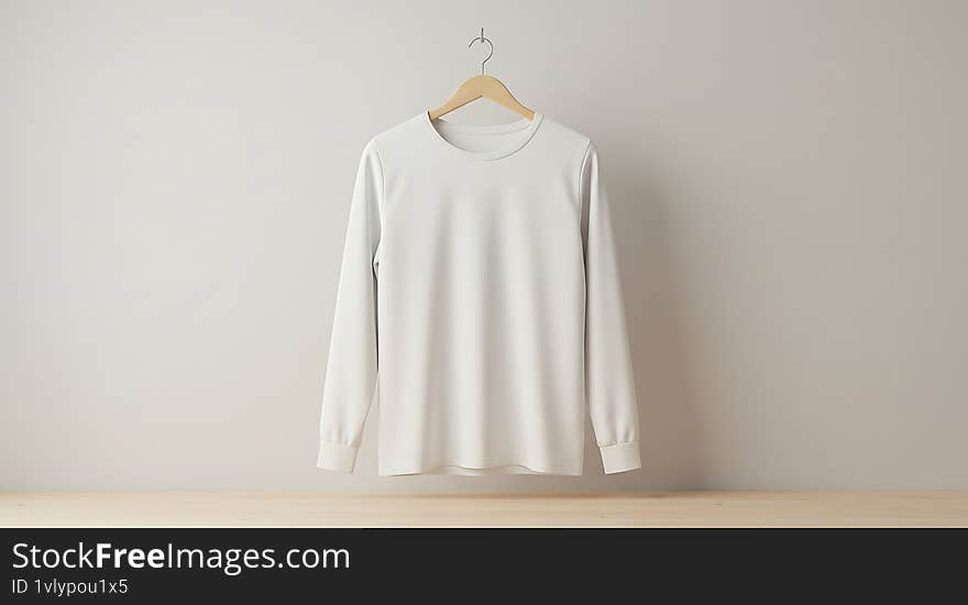 Clean, blank white long-sleeve shirt hangs on a wooden hanger against a neutral wall for apparel and product showcase. Great for fashion or retail mockups. Clean, blank white long-sleeve shirt hangs on a wooden hanger against a neutral wall for apparel and product showcase. Great for fashion or retail mockups
