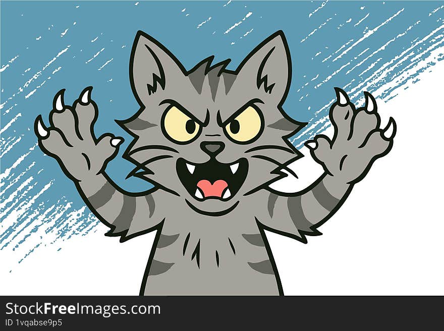 A cartoon tabby cat facing forward with intense eyes and extended claws, ready to strike! Playful, bold, and full of attitude � perfect for comic strips, prints, or statement illustrations.