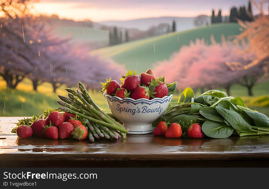 A celebration of spring�s freshness captured in still life�ripe strawberries, crisp asparagus, and vibrant spinach arranged around a ceramic bowl labeled �Spring�s Bounty.� In the background, soft rain gently falls over rolling green hills and blossoming cherry trees, evoking the quiet beauty and renewal of the season.