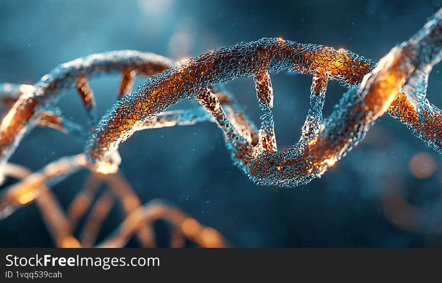 3D DNA double helix structure with futuristic glowing materials and blue background. Generated Ai