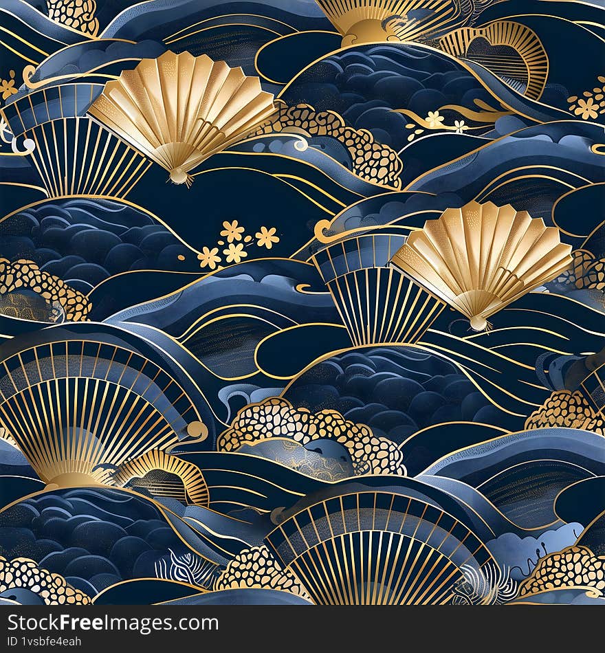 Gold Fans and Waves. This image was generated with the help of artificial intelligence (AI). Decorative golden fans with wave moti