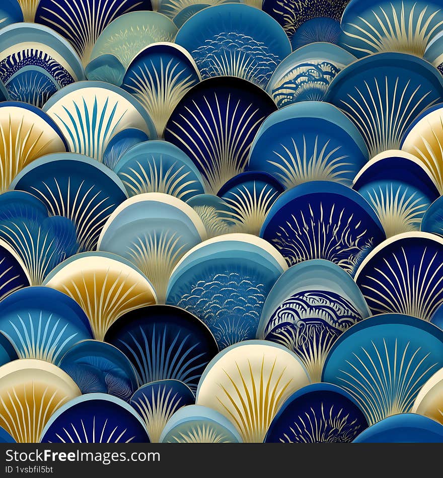 Blue Ocean Fans. This image was generated with the help of artificial intelligence (AI). Abstract stylized fans arranged in overla