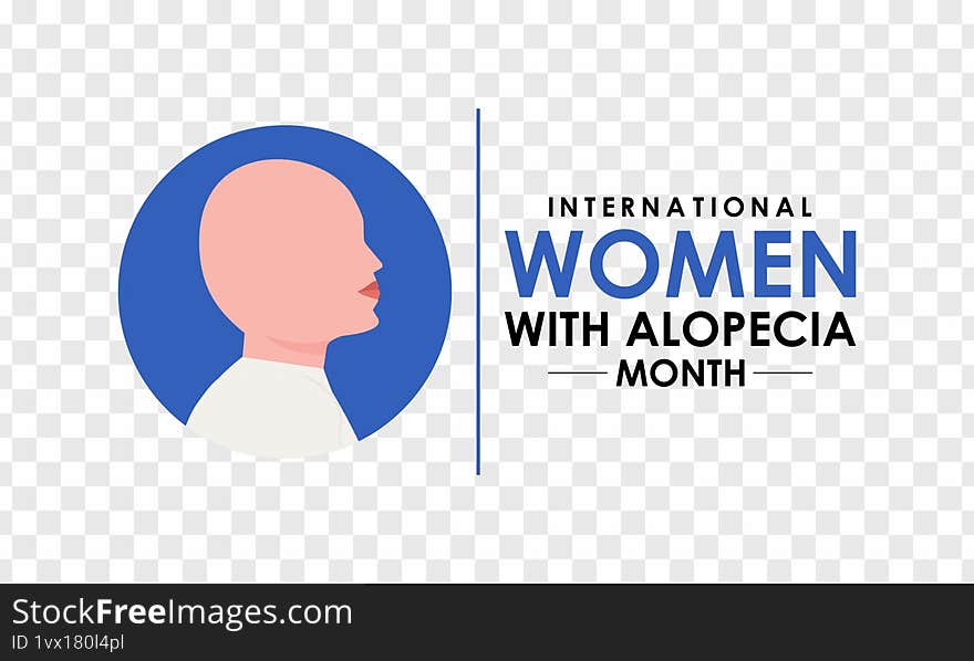 Illustration on the theme of International Women with Alopecia Month Empowering Confidence, Breaking Stigmas, Celebrating Strength. Blue ribbon with Realistic ribbon Banner poster background design template. Vector illustration. Eps 10