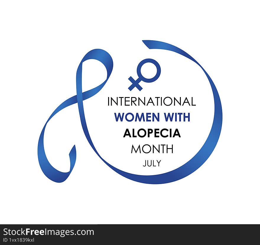 Illustration on the theme of International Women with Alopecia Month Empowering Confidence, Breaking Stigmas, Celebrating Strength. Blue ribbon with Realistic ribbon Banner poster background design template. Vector illustration. Eps 10