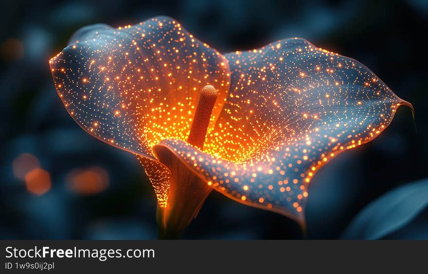 Calla Lily flower, with intricate and glowing circuitry patterns seamlessly integrated into its body. Calla Lily flower, with intricate and glowing circuitry patterns seamlessly integrated into its body