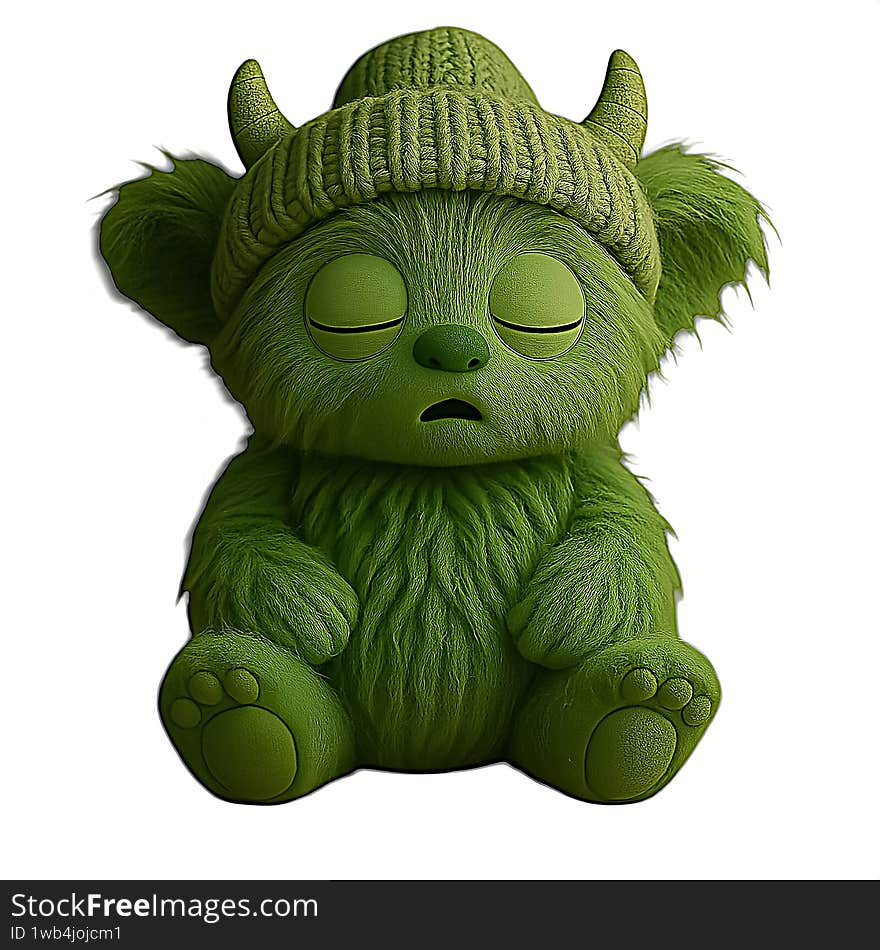 An appealing image of a cute green fluffy monster wearing a knitted hat with horns, sleeping or meditating. This plush character with expressive closed eyes and a slightly open mouth radiates calmness. Perfect for children's content, illustrations, design, and collectible figures reminiscent of the Funko Pop style. Download this image to create unique visual content.