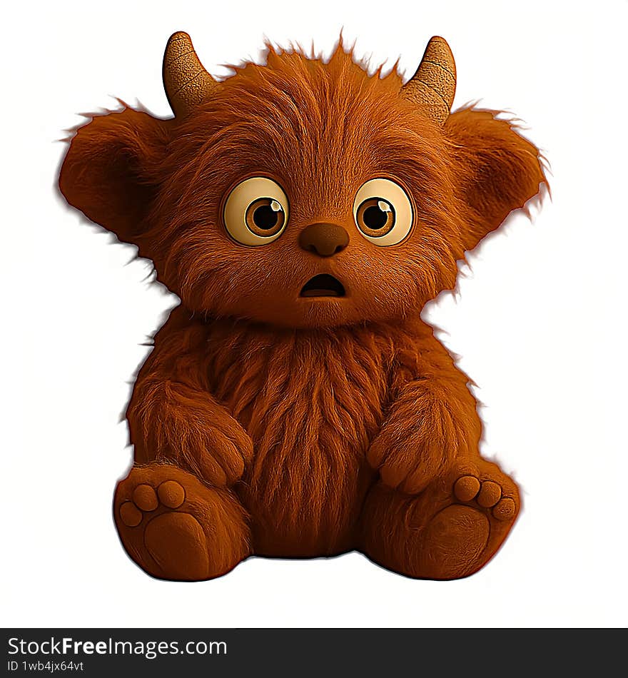 This charming digital image depicts a fluffy brown monster with large, round eyes and two small horns on its head. Its expression