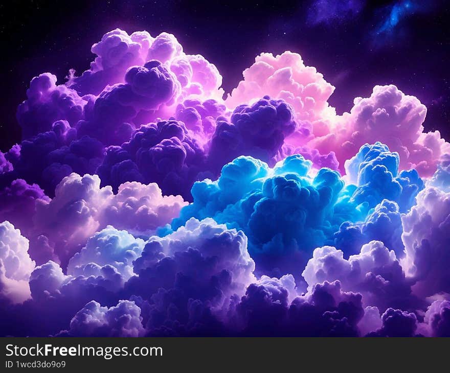 Bright, fluffy clouds showcase a vivid gradient of colors, transitioning from deep blues to purples and pinks. They are set against a dark night sky, suggesting a magical, whimsical atmosphere. The clouds appear illuminated, with light and shadow creating depth and texture. The scene evokes a dreamlike, surreal sense, with hues blending seamlessly to create a visually captivating effect.