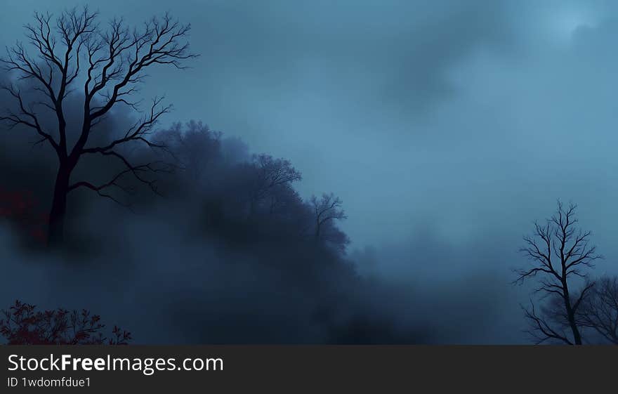 Mysterious blue forest: Bare trees and thick fog in the moonlight.