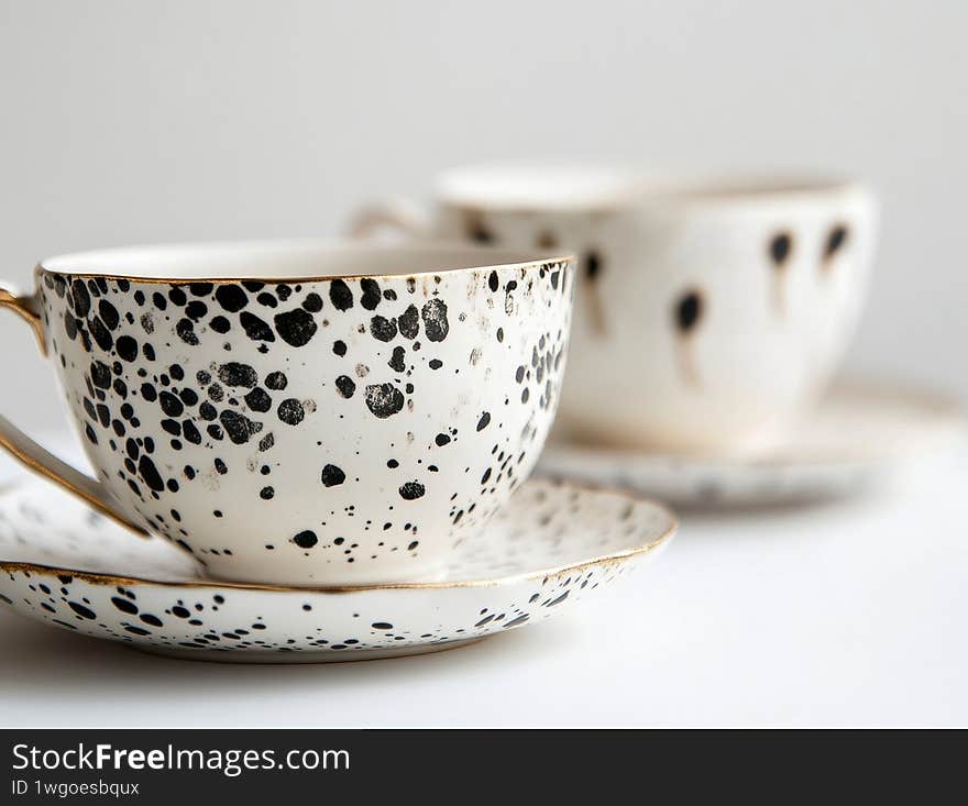 Two cups with a black and white design sit on a white plate. The design is made up of small dots, giving the cups a unique and artistic appearance. The cups and plate are placed on a white surface