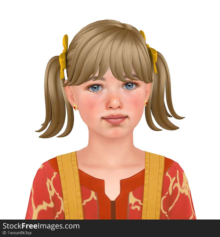 A cute little blond girl with two ponytails with yellow bows wearing a red shirt, isolated portrait  3d illustration