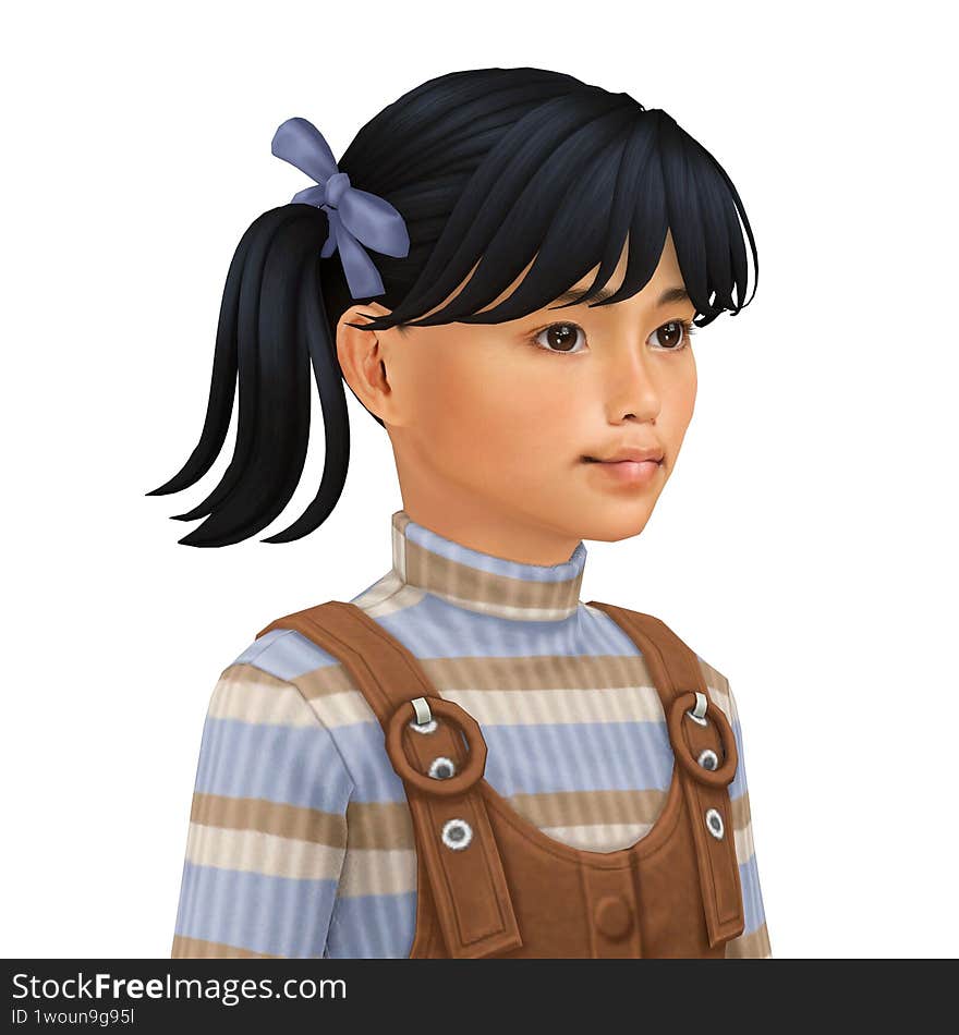 A cute little brunette girl with ponytails wearing a stripped sweater, isolated portrait 3d illustration