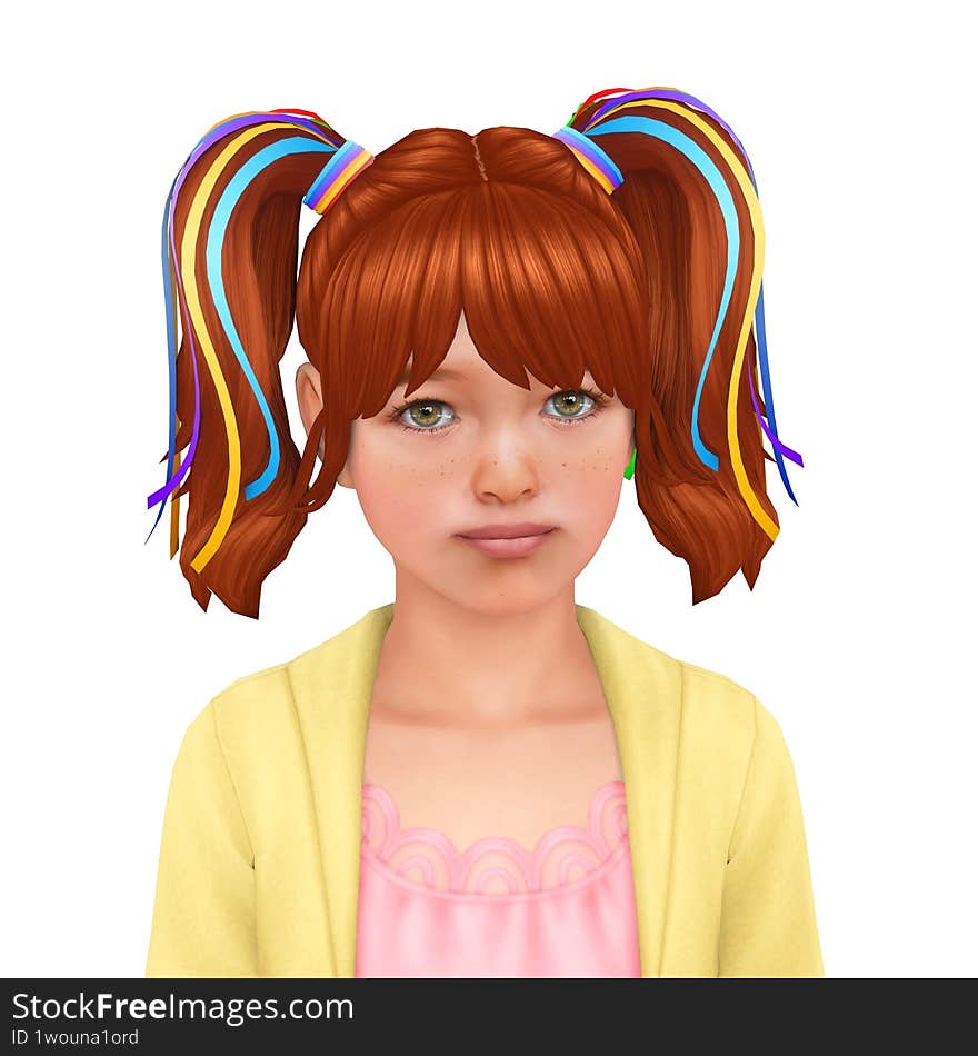 A cute little girl with green eyes and red hair in ponytails with colorful ribbons, isolated portrait 3d illustration