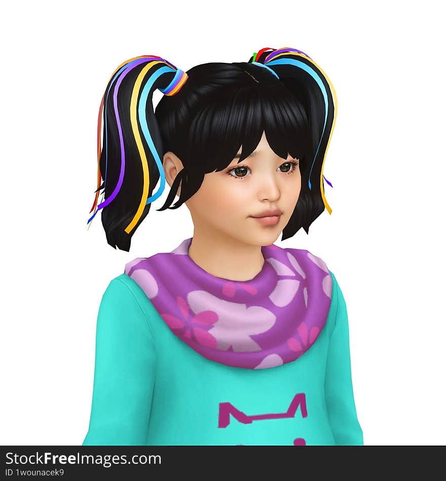 A cute little Asian girl with ponytails and colorful ribbons, isolated portrait 3d illustration
