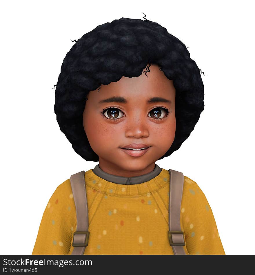 A cute little African girl wearing a yellow sweater, isolated portrait 3d illustration