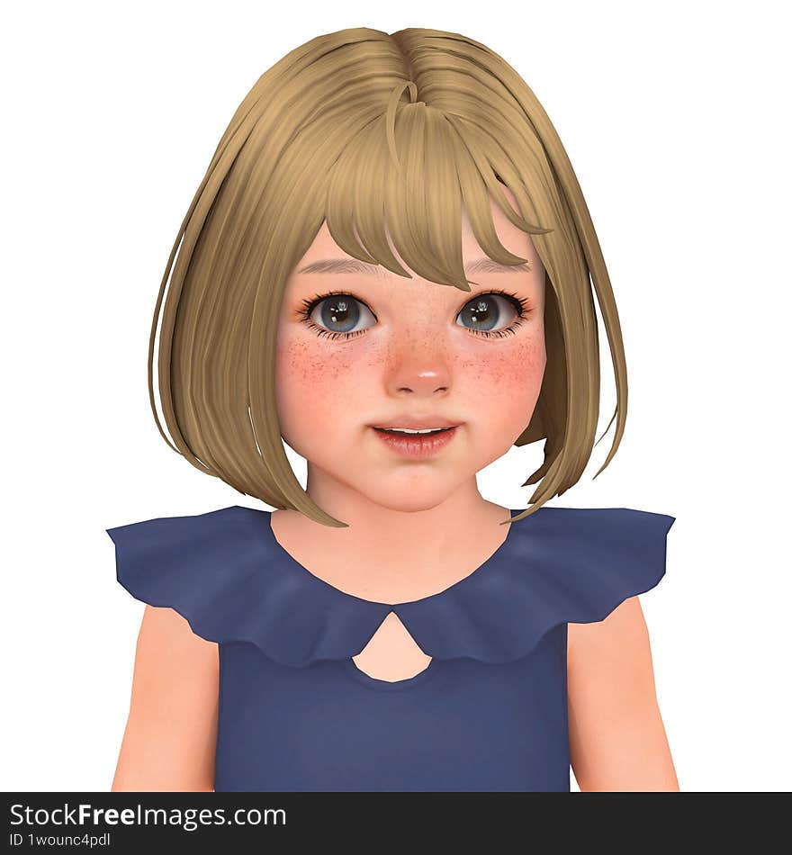 A cute little girl with blond bob care hair and blue eyes wearing a dress, isolated portrait 3d illustration