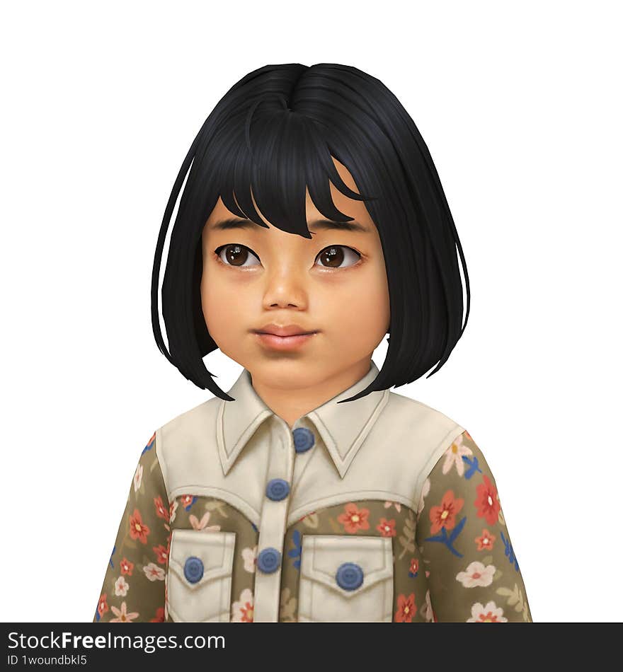A cute little asian girl with shoulder length bob care wearing a cowboy shirt, isolated portrait 3d illustration