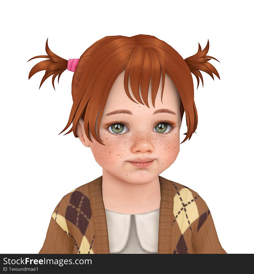 A cute little girl with ginger hair and freckles wearing a cardigan, isolated portrait 3d illustration