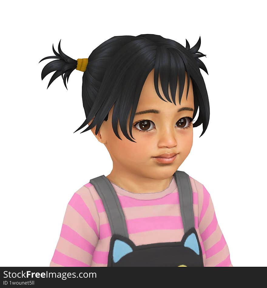 A cute little asian girl with funny ponytails wearing pajamas, isolated portrait illustration