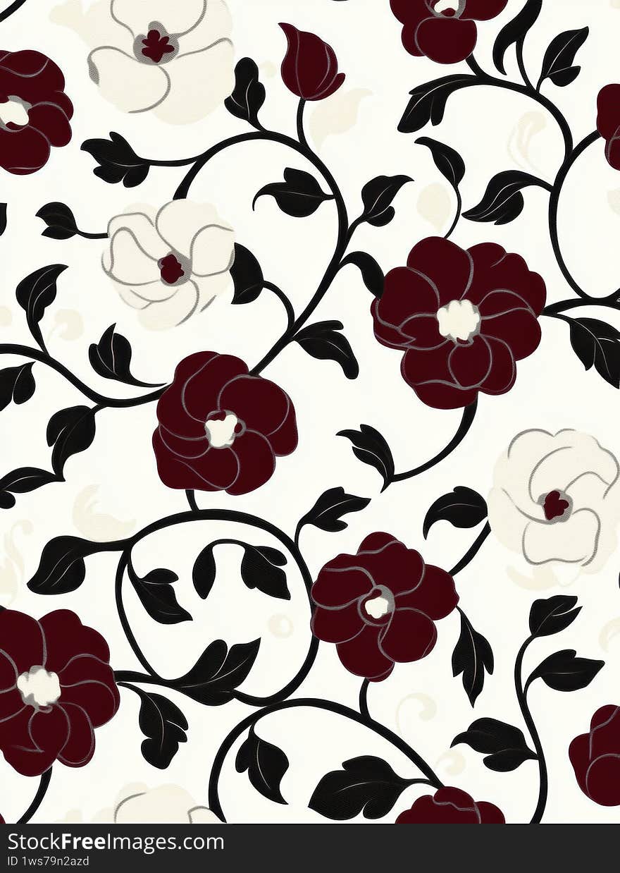 Floral pattern with red and white flowers. The flowers are arranged in a way that creates a sense of movement and flow. Scene is one of elegance and sophistication