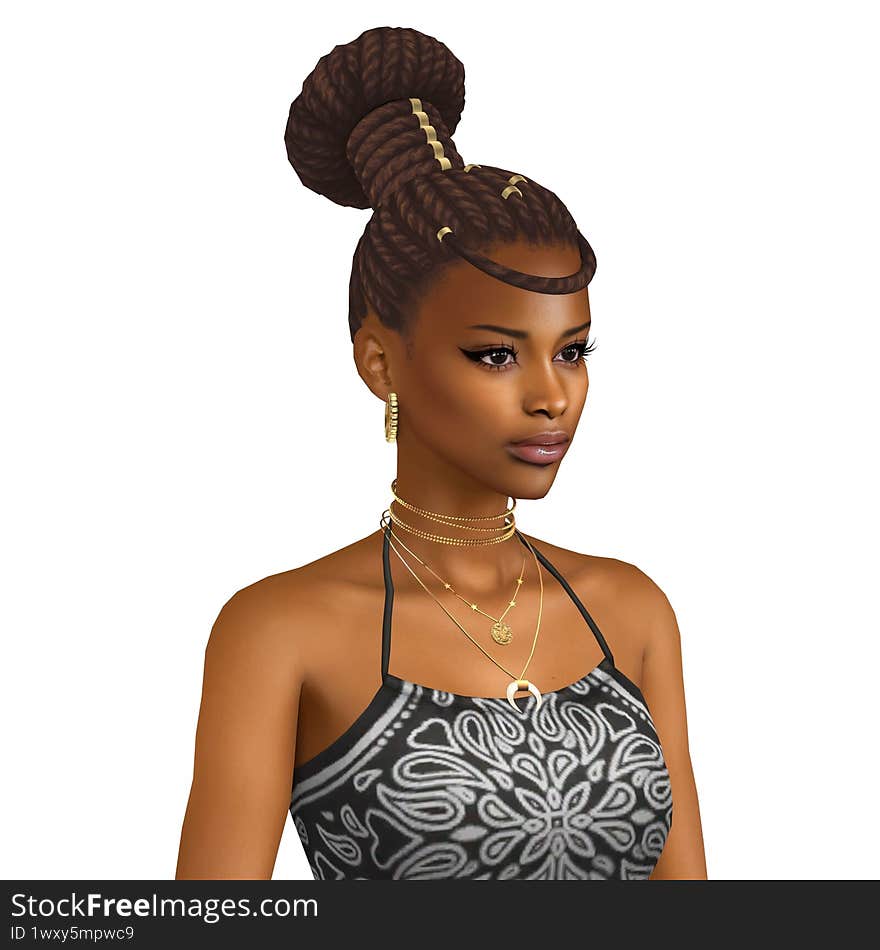 A beautiful young African woman in the traditional Afro hairstyle and clothes, isolated portrait