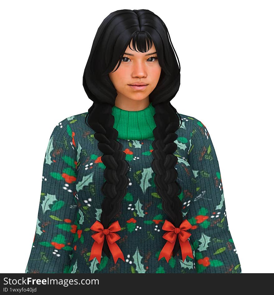 A beautiful young brunette woman with long hairbrainds with bows, wearing a Christmas sweater, isolated portrait