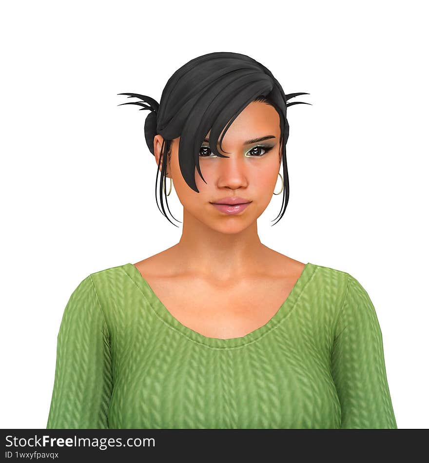 A beautiful young woman with a 2000s hair updo, wearing make-up and a sweater, isolated portrait