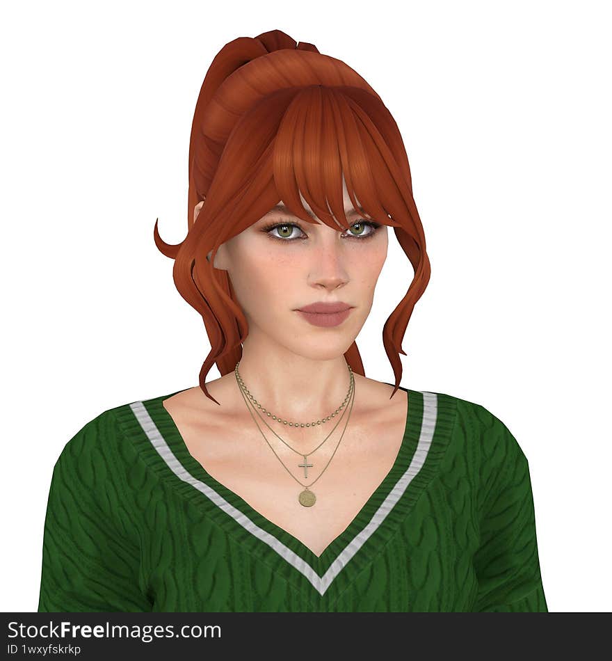 A beautiful young red-haired woman with a ponytail, wearing a green sweater, isolated portrait