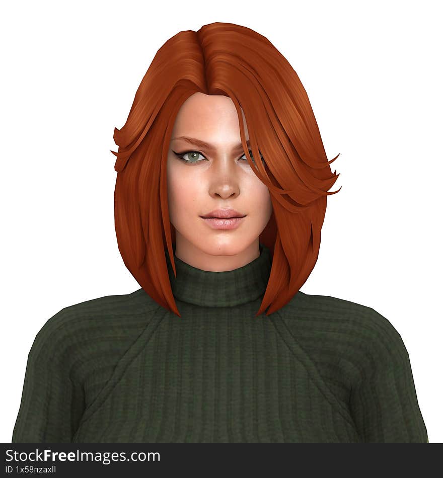 A beautiful young red-haired woman in a green sweater, isolated portrait