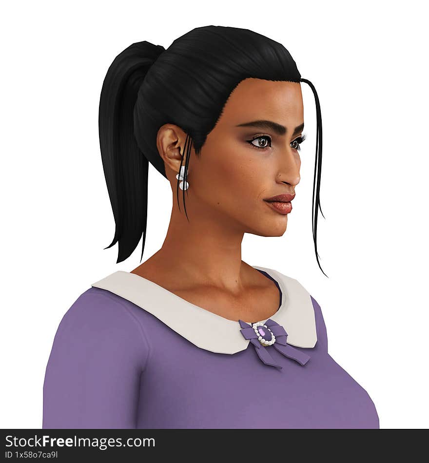 A beautiful young woman with dark skin in a lilac dress, isolated portrait