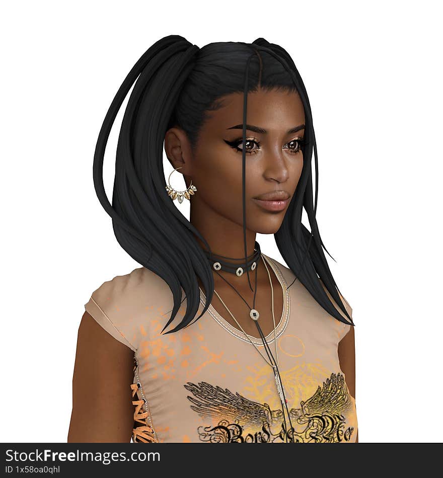 A beautiful young woman with dark skin and ponytails wearing cool clothes, isolated portrait