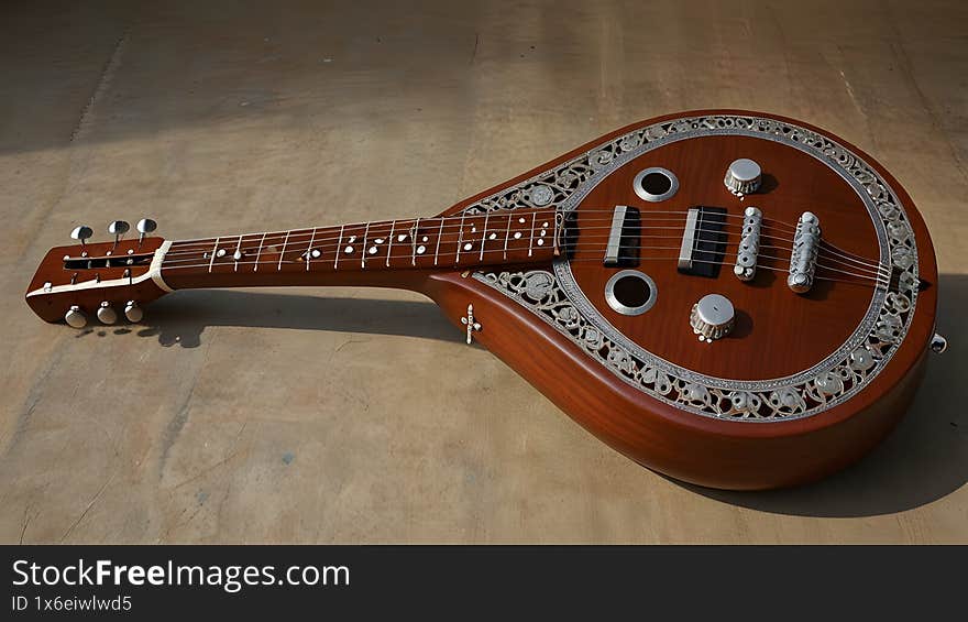 Close-up image of a traditional Indian sitar, a classical string instrument known for its rich acoustic sound and cultural heritage. The sitar features detailed wood carving, decorative ivory inlays, and handmade tuning components, captured on a dark studio background. Ideal for themes of music, culture, craftsmanship, and traditional art.