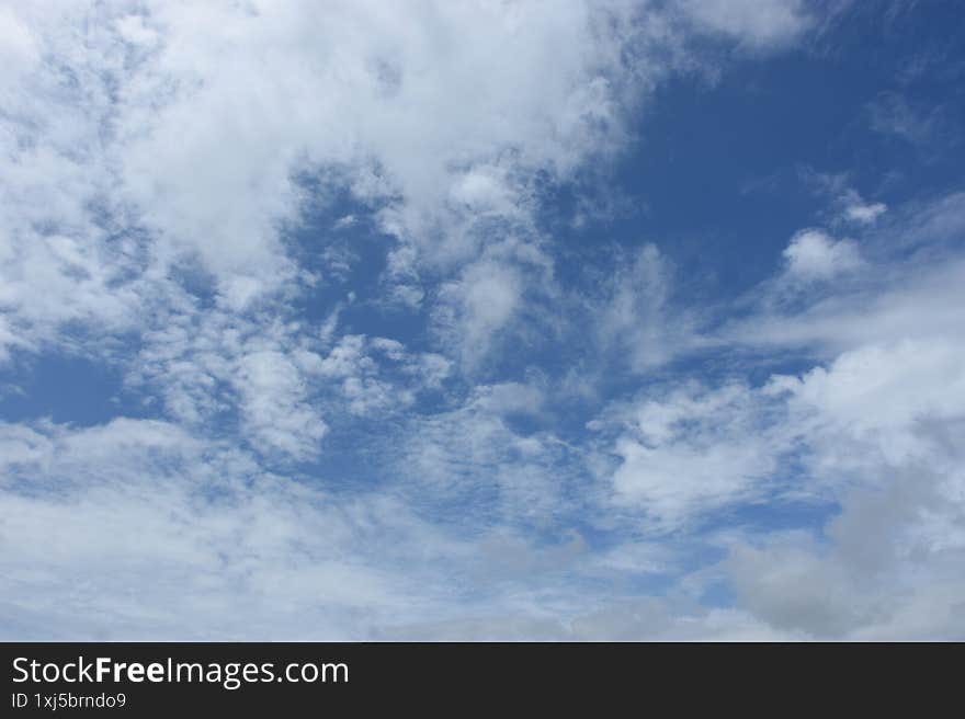 A clear and expansive view of a bright blue sky filled with numerous soft, white cumulus clouds. The sunlight filters through the clouds, creating a vibrant and airy atmosphere. This serene sky scape from Cox's Bazar, Bangladesh, evokes a sense of freedom and calm, making it ideal for backgrounds, weather themes, and nature-related projects.