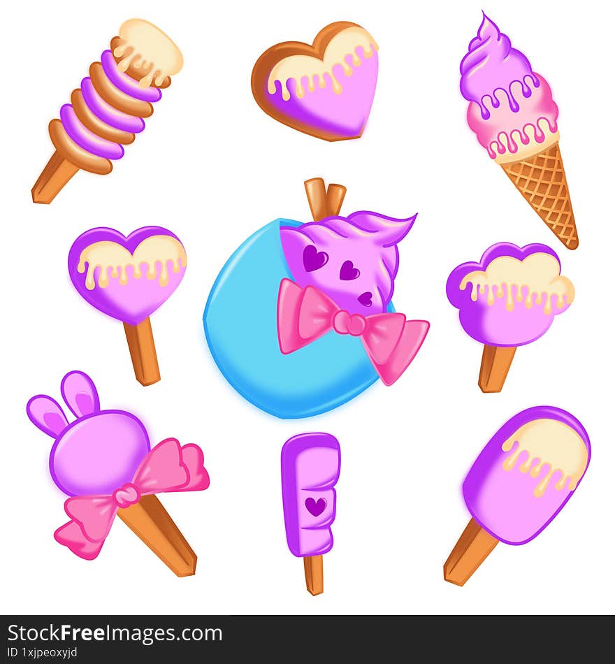 Cute pastel ice cream and sweet treats clipart in pink and purple tones. This kawaii-style digital illustration set features adorable desserts such as popsicles, heart-shaped treats, bunny-shaped ice cream, cotton candy, and more. Perfect for digital planners, stickers, scrapbooking, invitations, or any DIY creative projects. High-quality PNG with transparent background, ready to use.