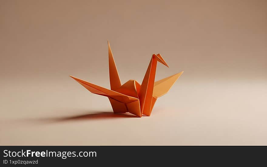 Minimalist image of an orange paper origami crane placed on a soft neutral surface with warm lighting.