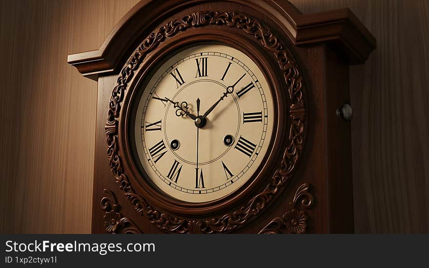 Vintage wooden wall clock with ornate carvings and Roman numerals, illuminated by soft warm light.