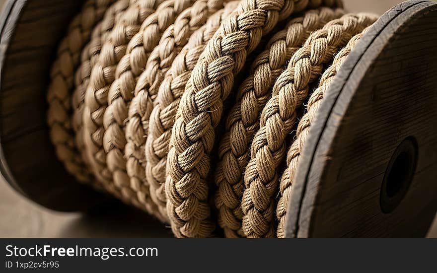 Close-up of thick braided rope wound around a large wooden spool in warm natural lighting.