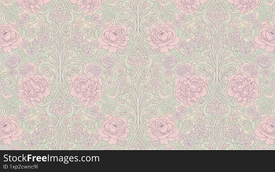 Seamless vintage floral pattern with soft pink roses and green leaves on a pastel background.