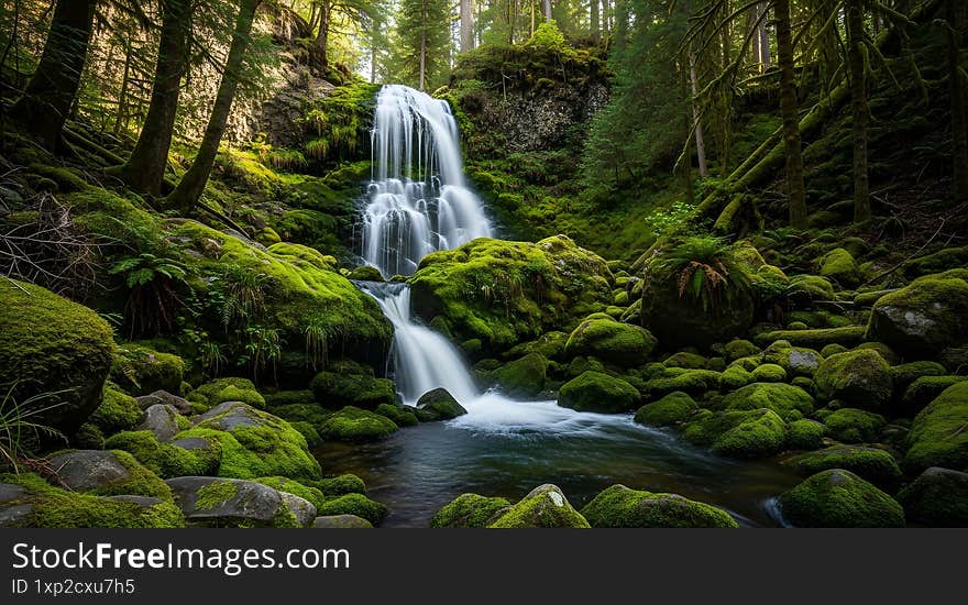 Scenic waterfall flowing through moss-covered rocks in a lush green forest.
