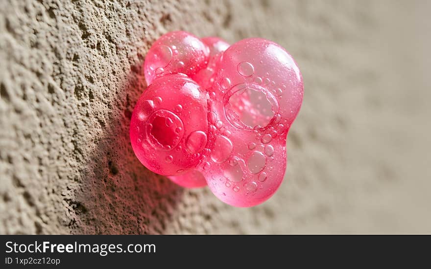 Cluster of translucent pink bubbles attached to a textured beige wall, illuminated by soft natural light.