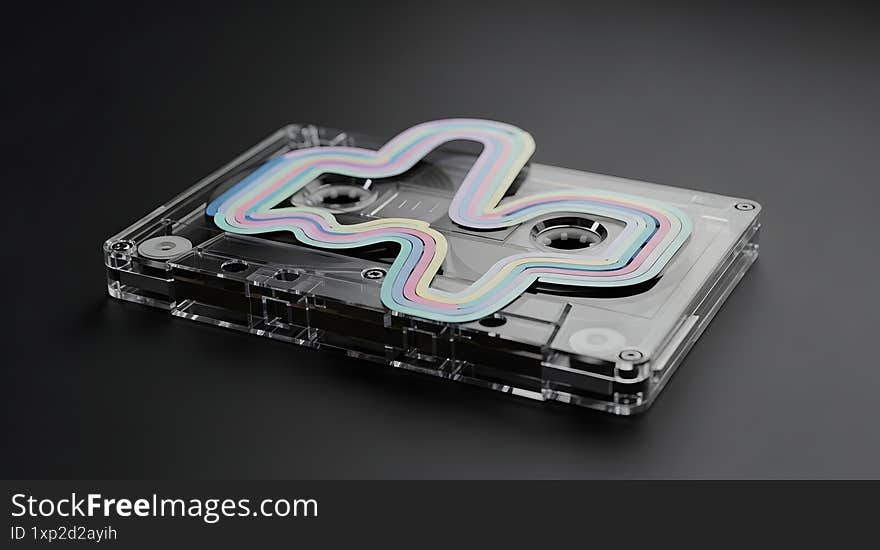 Transparent cassette tape with futuristic neon lines on black background, combining retro and modern design.