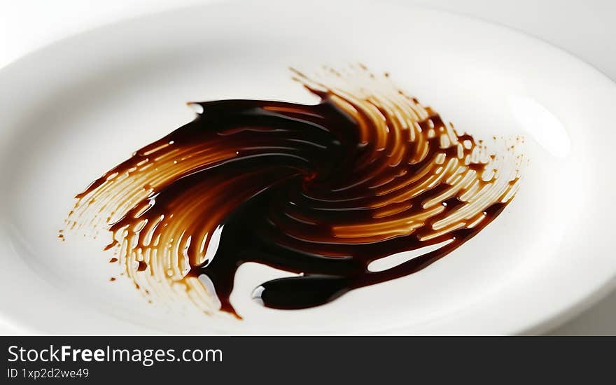 Abstract swirl of chocolate sauce on white plate, resembling food art in minimalistic presentation.