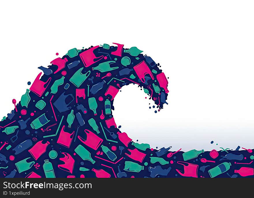Big wave made of ocean plastic trash, pollution bottles, plastic bags, cutlery, and garbage illustrating world oceans day and environmental problem. created with the help of artificial intelligence