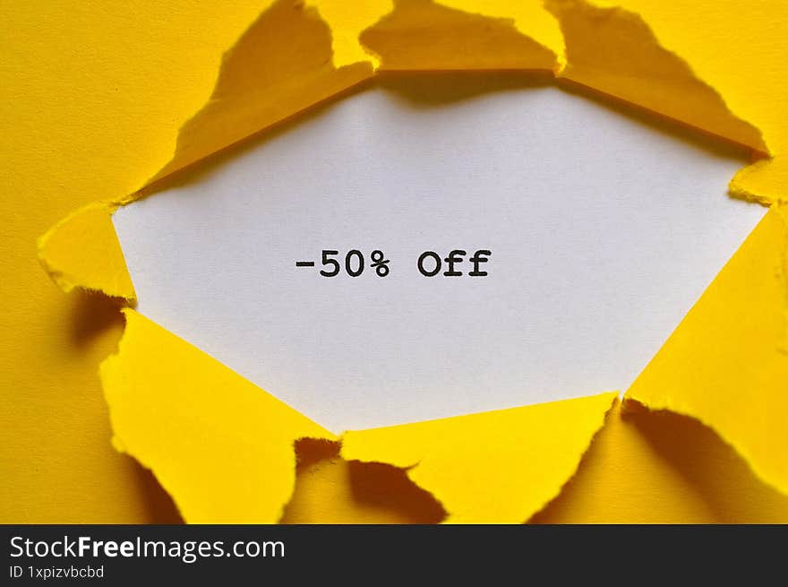 - 50% off write on yellow and white background - sale banner