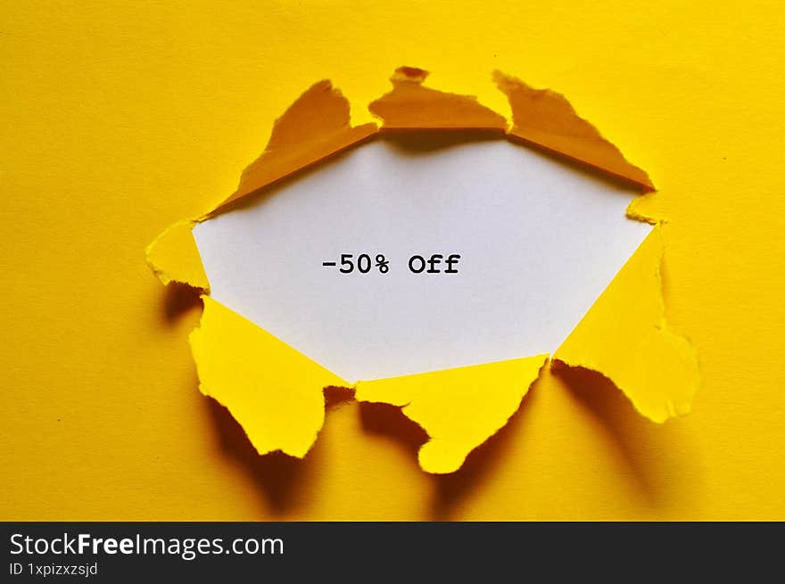 - 50% off write on yellow and white background - sale banner